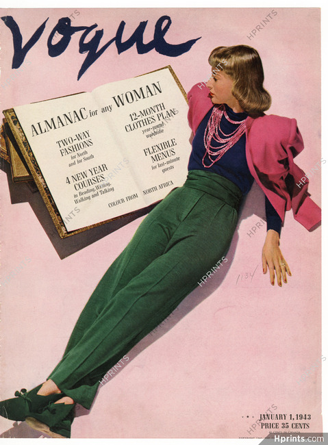 American Vogue Cover January 1, 1943 Green Slacks, Photo Rawlings