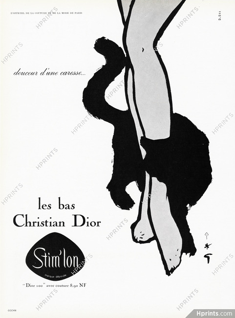 Christian Dior (Lingerie) 1960 "Sweetness of a caress..." Stockings, Cat, René Gruau