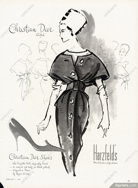 Christian Dior New York 1959 Couture, Roger Vivier Shoes, Harzfeld's, Fashion Illustration