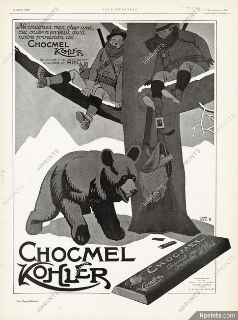 Kohler (Chocolates) 1926 Chocmel, Bear, Hunters, Signed Georges B.