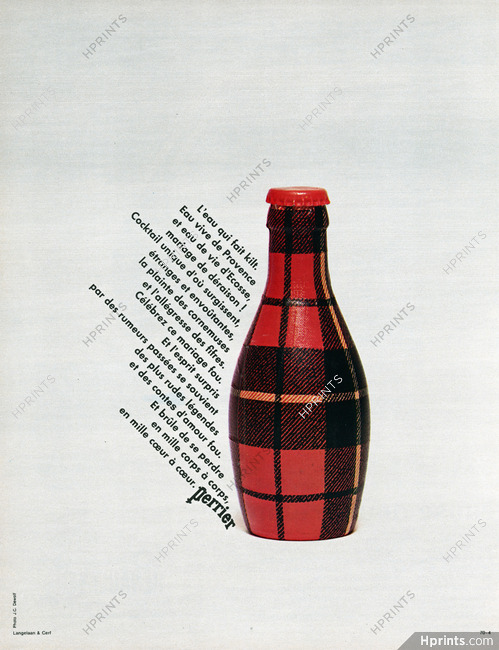 Perrier 1970 L'eau qui fait Kilt... Photo J.C Dewolf, Scottish Bottle