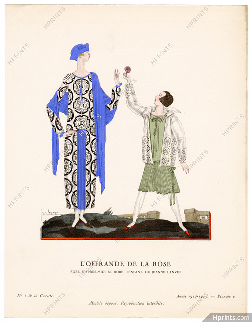 L'Offrande de la Rose, 1924 - Georges Lepape, Robe d'après-midi et robe d’enfant, de Jeanne Lanvin. La Gazette du Bon Ton, 1924-1925 n°1 — Planche 2