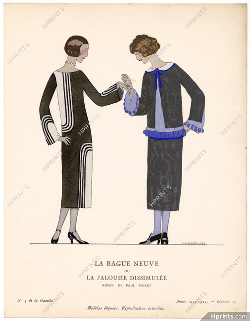 La Bague Neuve — ou — La Jalousie Dissimulée, 1924 - A. E. Marty, Robes, de Paul Poiret. La Gazette du Bon Ton, 1924-1925 n°3 — Planche 17