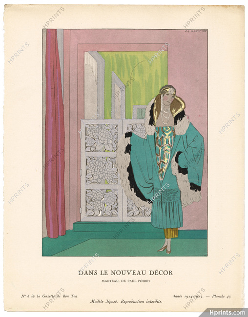 Dans le Nouveau Décor, 1925 - André Marty, Manteau, de Paul Poiret. La Gazette du Bon Ton, 1924-1925 n°6 — Planche 43