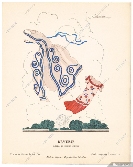 Rêverie, 1925 - Georges Lepape, Robes de Jeanne Lanvin. La Gazette du Bon Ton, 1924-1925 n°6 — Planche 44