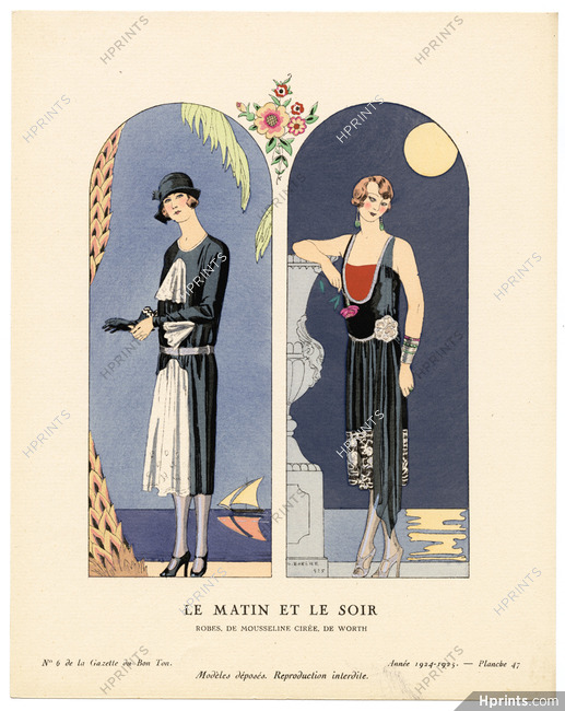Le Matin et le Soir, 1925 - George Barbier, Robes de mousseline cirée, de Worth. La Gazette du Bon Ton, 1924-1925 n°5 — Planche 35
