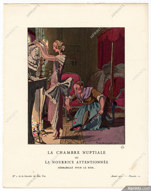 La Chambre Nuptiale — ou — La Nourrice Attentionnée, 1921 - Pierre Brissaud. Déshabillé pour le soir... La Gazette du Bon Ton, n°2 — Planche 12