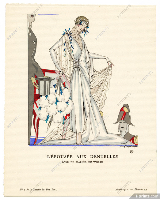 L'Épousée aux Dentelles, 1921 - Alexandre Rzewuski. Robe de mariée, de Worth. La Gazette du Bon Ton, n°2 — Planche 14
