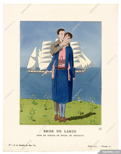 Brise du Large, 1921 - André Marty. Robe de voyage de noces, de Dœuillet. La Gazette du Bon Ton, n°2 — Planche 16
