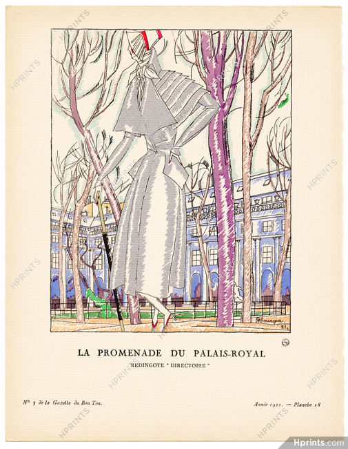La Promenade du Palais-Royal, 1921 - Pierre Mourgue. Redingote "Directoire". La Gazette du Bon Ton, n°3 — Planche 18
