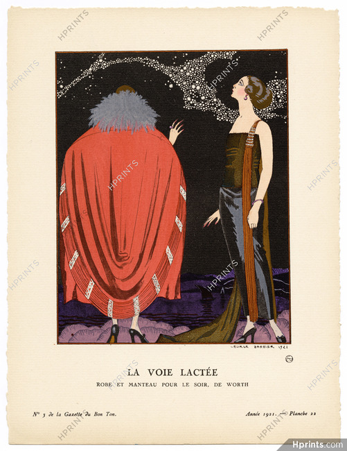 La Voie Lactée, 1921 - George Barbier. Robe et manteau pour le soir, de Worth. La Gazette du Bon Ton, n°3 — Planche 22