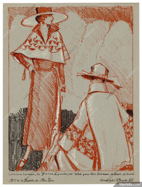 Les Modes en l'An de Grâce Mil Neuf Cent Vingt Un, 1921 - Woodruff. Costume tailleur de Jeanne Lanvin, et robe pour les courses de Beer. La Gazette du Bon Ton, n°3 — Planche XII