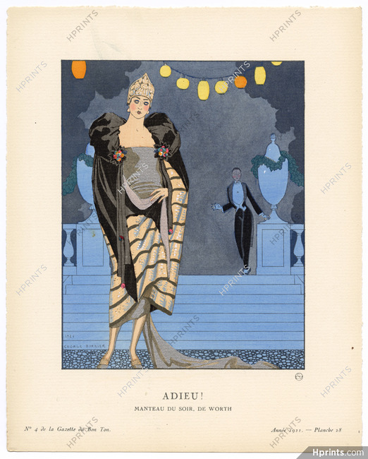 Adieu !, 1921 - George Barbier. Manteau du soir, de Worth. La Gazette du Bon Ton, n°4 — Planche 28