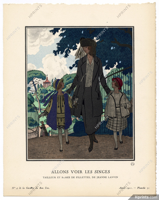 Allons Voir les Singes, 1921 - Pierre Brissaud. Tailleur et robes de fillettes, de Jeanne Lanvin. La Gazette du Bon Ton, n°4 — Planche 31