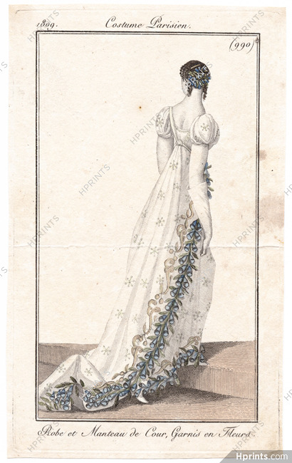 Le Journal des Dames et des Modes 1809 Costume Parisien N°990 Robe et Manteau de Cour