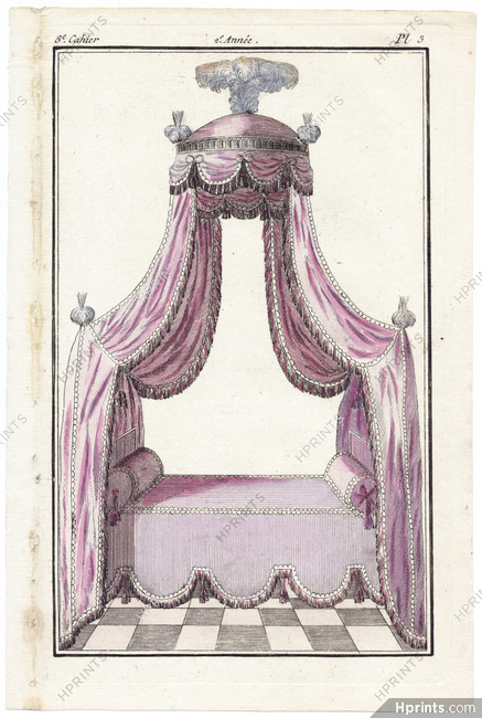 Magasin des Modes Nouvelles, Françaises et Anglaises 1787 cahier n°8, plate n°3, Polish-style bed
