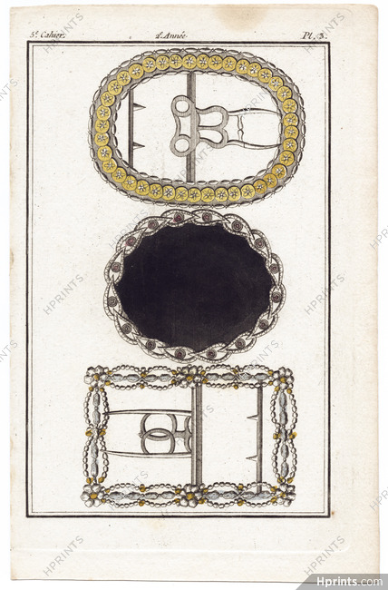 Magasin des Modes Nouvelles, Françaises et Anglaises 1786 cahier n°5, plate n°2, Charpantier, Buckles (unsigned, strong paper)