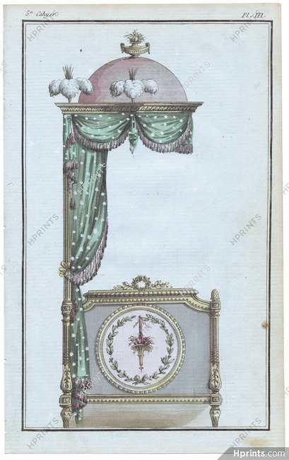 Furniture plate from "Cabinet des Modes" 15 Janvier 1786, 5° cahier, planche III, Bed, Lit à la d'Artois