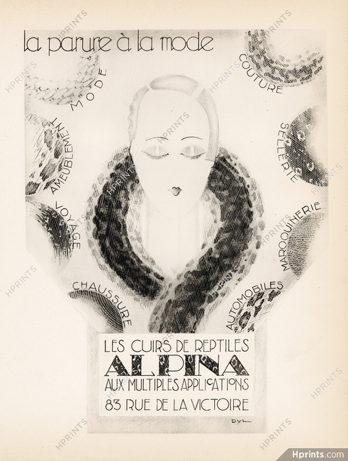 Alpina (Exotic Leather) 1928 Reptiles, Original Lithograph PAN Paul Poiret, Art Deco Style, Yan Bernard Dyl