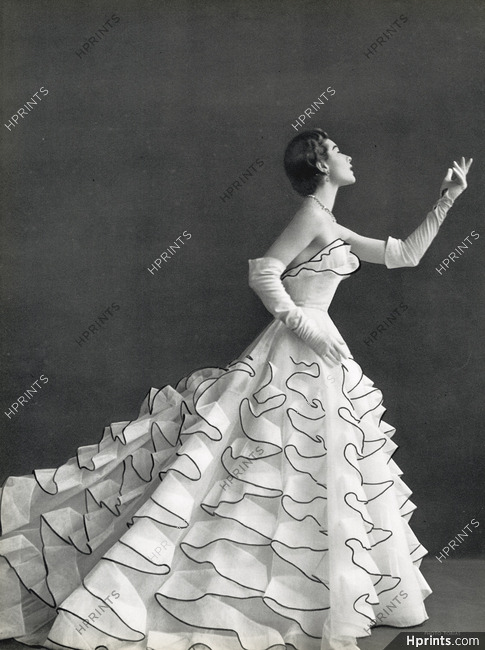 Jacques Heim 1953 Robe du soir volantée en tulle blanc et noir, Evening Gown, Photo Tobias