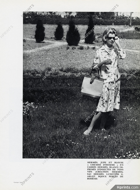 Hermès (Couture) 1960 Jupe et blouse en carrés Hermès, Sac Hermès