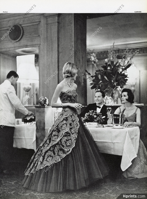 Carven 1960 Robe en tulle de dentelle de Calais de Gubert, Bijoux Cartier, Le Taillevent