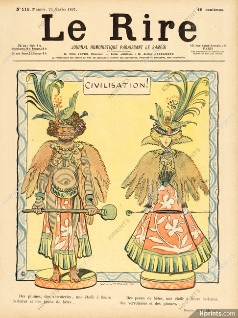 Civilisation !, 1897 - Lucien Métivet The influences of fashion, Fashion Satire, Indigenous, Animal skin, feathers...