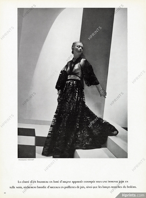 Madeleine Vionnet 1937 Evening Gown, Lamé argent, tulle noir, broderies en jais