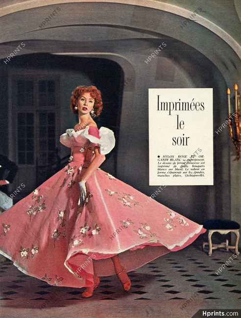 Schiaparelli (Couture) 1953 Imprimées le soir, Evening Dress