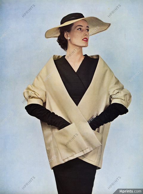 Christian Dior 1953 Veste en soie Beige Croisant bas sur une Robe noire en soie sauvage, Philippe Pottier