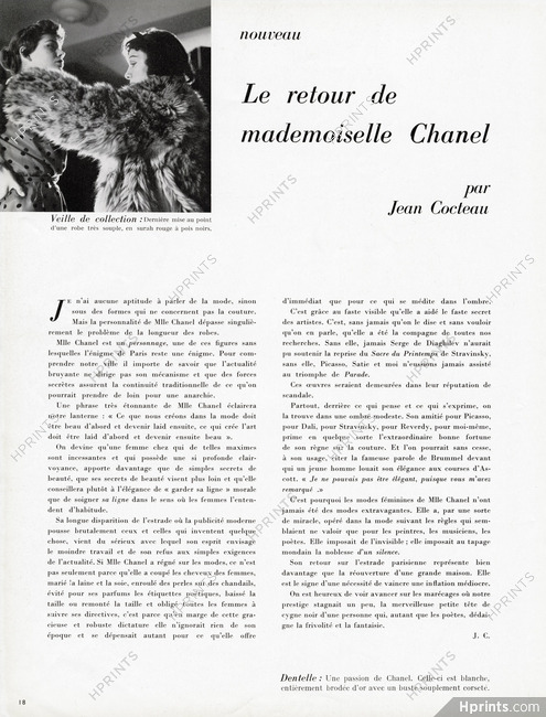 Le retour de mademoiselle Chanel, 1954 - Evening Gown, The Come Back of Miss Chanel, Texte par Jean Cocteau