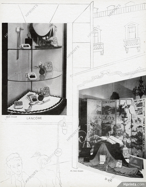 Les Belles Vitrines de Paris, 1946 - Lancôme, Duc (Maroquinier), Shop Window, Drawing Alex Rakoff