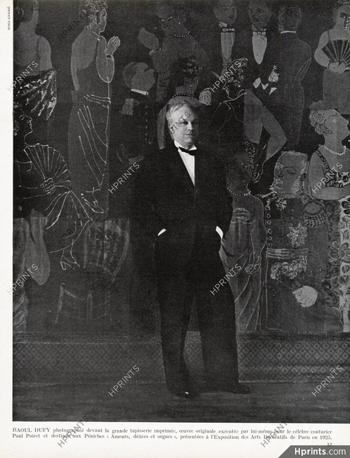 Raoul Dufy 1949 Devant la grande tapisserie imprimée créée pour Paul Poiret, Péniches "Amours, délices et orgues", Photo Rogi-André