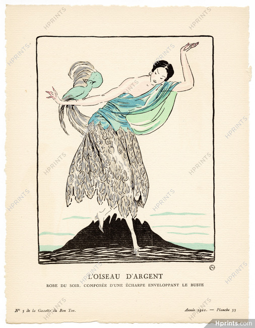 L'Oiseau d'Argent, 1921 - L'Hom, Robe du soir, composée d'une écharpe enveloppant le buste. La Gazette du Bon Ton, n°5 — Planche 33