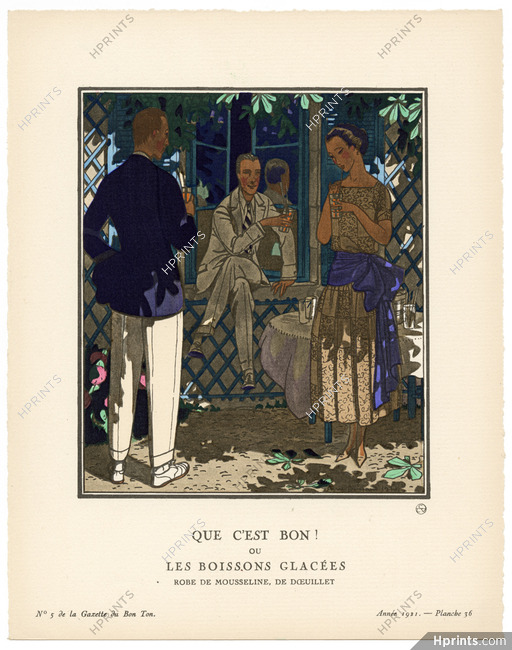 Que c'est bon ! — ou — Les Boissons Glacées, 1921 - Pierre Brissaud, Robe de mousseline, de Doeuillet. La Gazette du Bon Ton, n°5 — Planche 36