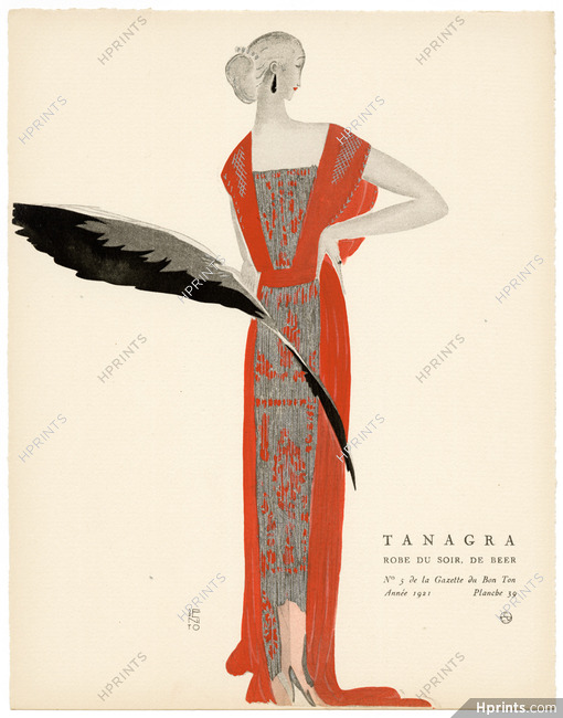 Tanagra, 1921 - Benito, Robe du soir, de Beer. Art Deco Pochoir. La Gazette du Bon Ton, n°5 — Planche 39