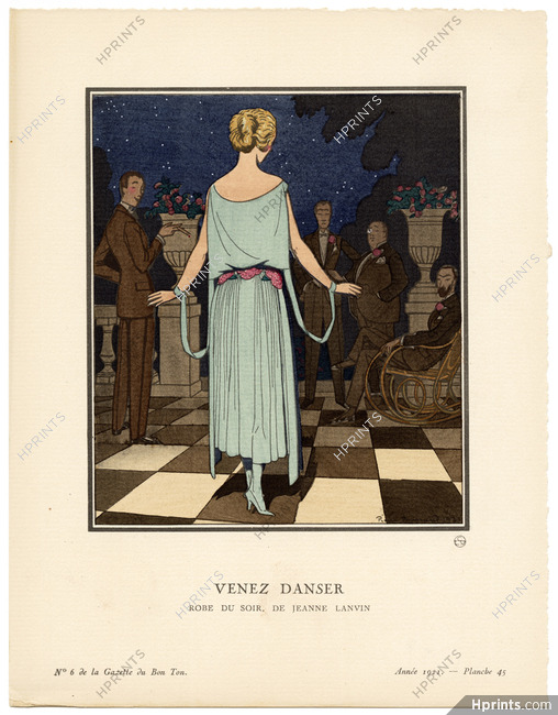 Venez Danser, 1921 - Pierre Brissaud, Robe du soir de Jeanne Lanvin. La Gazette du Bon Ton, n°6 — Planche 45