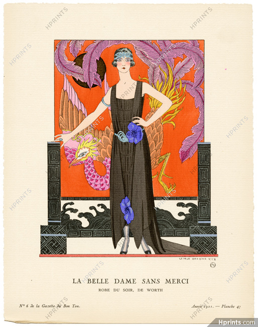 La Belle Dame Sans Merci, 1921 - George Barbier, Robe du soir de Worth. Art Deco Pochoir. La Gazette du Bon Ton, n°6 — Planche 47
