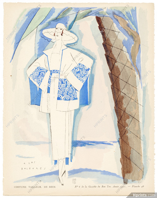 A Las Baleares, 1921 - Benito, Costume Tailleur, de Beer. Beachwear. Art Deco Pochoir. La Gazette du Bon Ton, n°6 — Planche 48