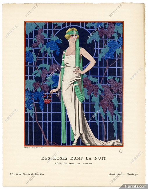 Des Roses Dans la Nuit, 1921 - George Barbier, Robe du soir, de Worth. La Gazette du Bon Ton, n°7 — Planche 54
