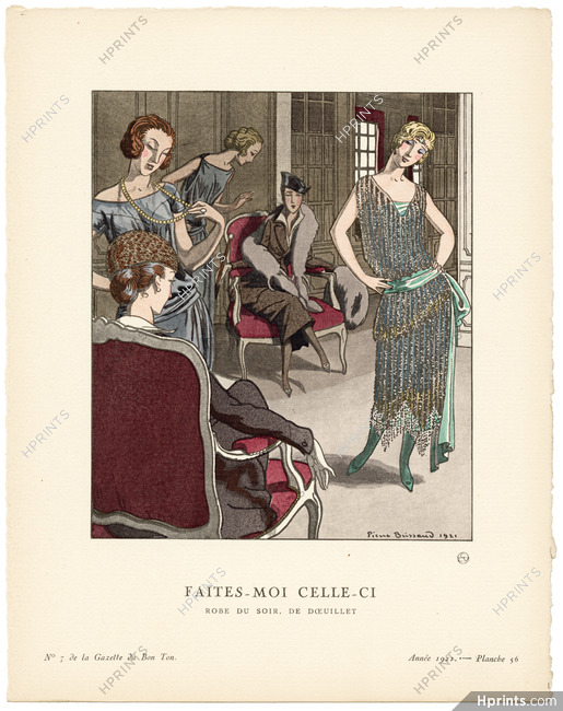 Faites-moi celle-ci, 1921 - Pierre Brissaud, Robe du soir de Doeuillet. La Gazette du Bon Ton, n°7 — Planche 56