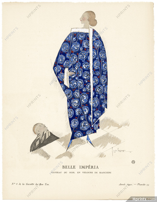 Belle Impéria, 1921 - Georges Lepape, Manteau du soir, en velours de Bianchini. Art Deco Pochoir. La Gazette du Bon Ton, n°8 — Planche 59