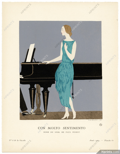 Con Molto Sentimento, 1921 - André Marty, Robe du soir, de Paul Poiret. Art Deco Pochoir. La Gazette du Bon Ton, n°8 — Planche 60