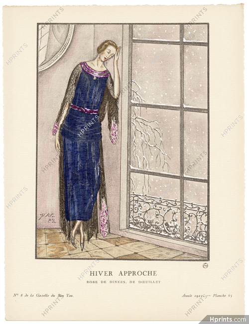 Hiver Approche, 1921 - Zenker. Robe de dîners, de Dœuillet. Art Deco Pochoir. La Gazette du Bon Ton, n°8 — Planche 63