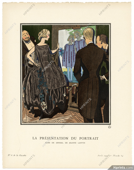 La Présentation du Portrait, 1921 - Pierre Brissaud. Robe du soir et robes de fillettes, de Jeanne Lanvin. Art Deco Pochoir. La Gazette du Bon Ton, n°8 — Planche 64