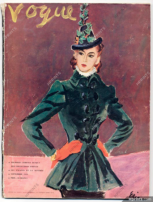 Vogue (Paris) Septembre 1939 Couverture dessinée par Erickson, redingote en velours de Creed, 80 pages