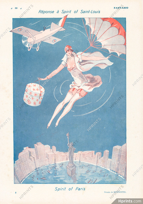 Spirit of Paris, 1927 - Léon Bonnotte Sexy Girl Parachutist, Statue of Liberty