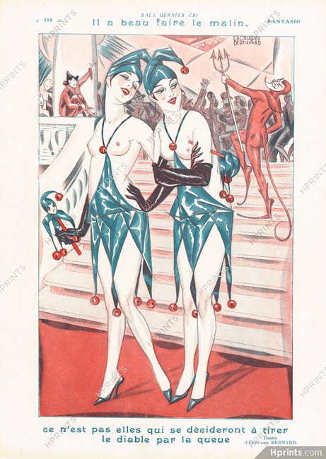 Edouard Bernard 1927 Pulcinella Girls Topless Carnival Devil