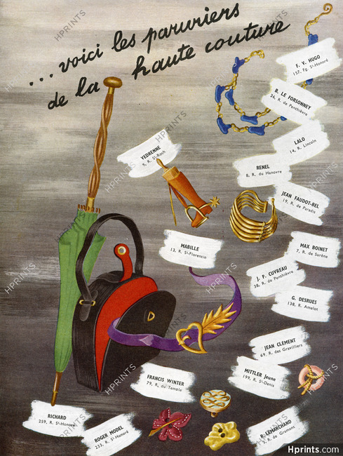 Les Paruriers de la Haute Couture 1946 Védrenne, Renel, Max Boinet, Francis Winter, Roger Model, Mabille, Lalo, Faudot-Bel, Desrues, Jean Clément, Mittler, R. Lemarchand...