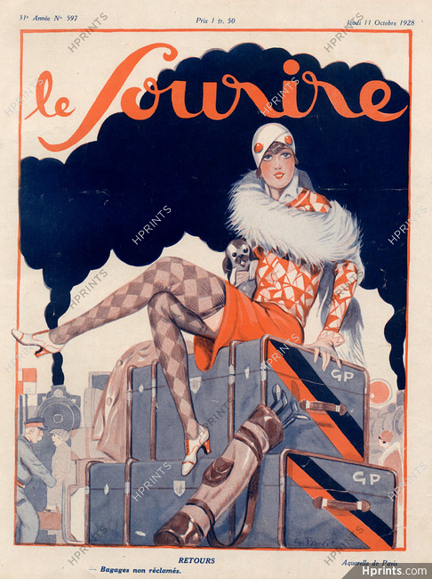 Retours, 1928 - Georges Pavis Back From Holidays, Luggage, Pekingese Dog, Le Sourire Cover